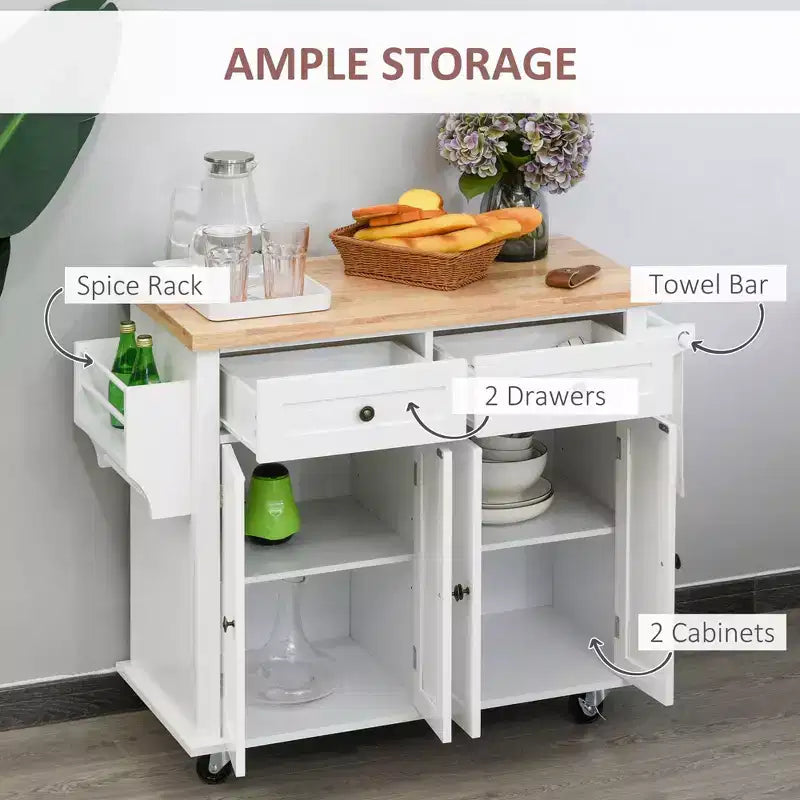 Îlot de cuisine Okak Farmhouse avec plateau en bois d'hévéa, chariot de cuisine avec étagère à épices, porte-serviettes et tiroirs, organiseur de comptoir pour la cuisine