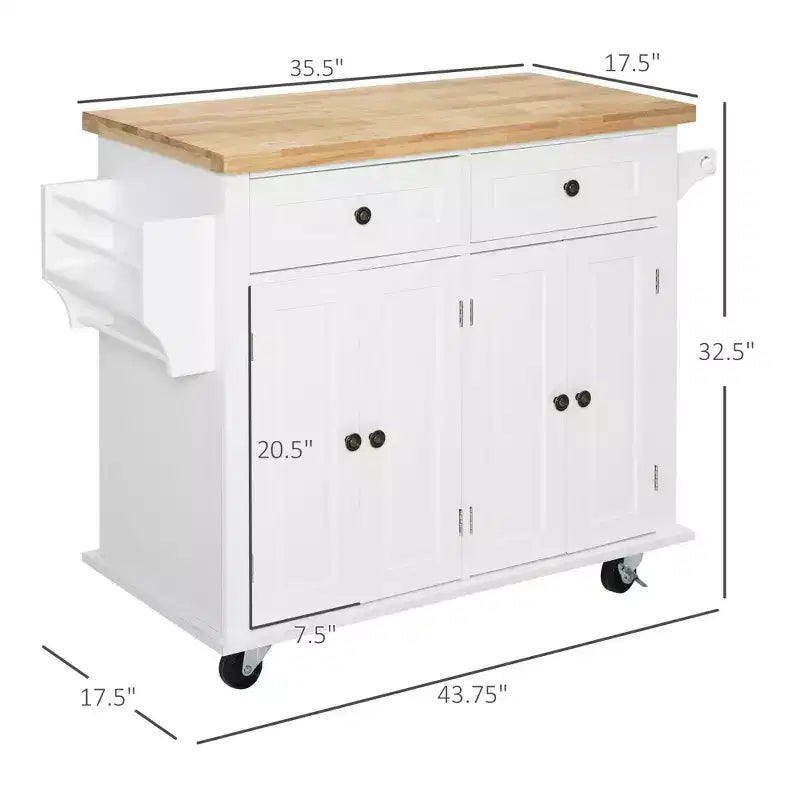 Îlot de cuisine Okak Farmhouse avec plateau en bois d'hévéa, chariot de cuisine avec étagère à épices, porte-serviettes et tiroirs, organiseur de comptoir pour la cuisine