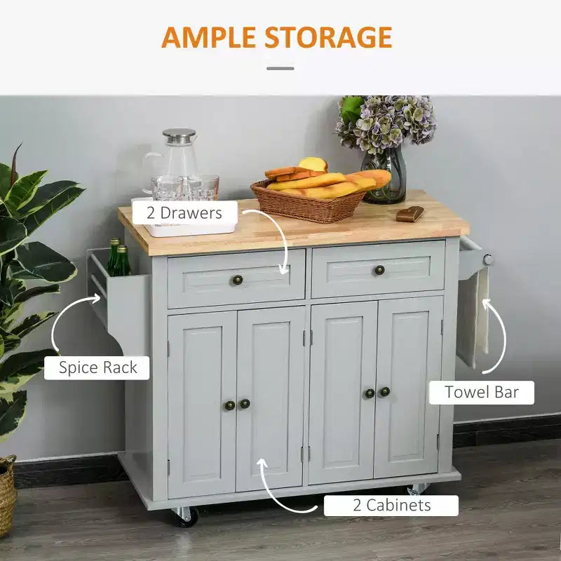 Îlot de cuisine Okak Farmhouse avec plateau en bois d'hévéa, chariot de cuisine avec étagère à épices, porte-serviettes et tiroirs, organiseur de comptoir pour la cuisine