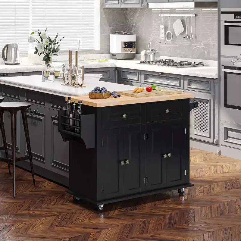 Îlot de cuisine Okak Farmhouse avec plateau en bois d'hévéa, chariot de cuisine avec étagère à épices, porte-serviettes et tiroirs, organiseur de comptoir pour la cuisine