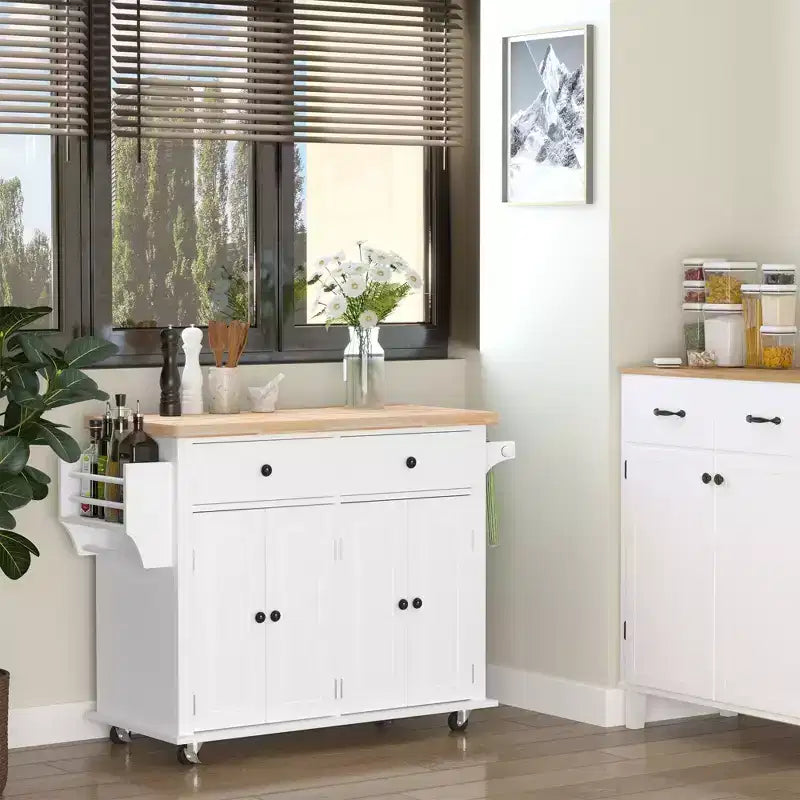 Îlot de cuisine Okak Farmhouse avec plateau en bois d'hévéa, chariot de cuisine avec étagère à épices, porte-serviettes et tiroirs, organiseur de comptoir pour la cuisine