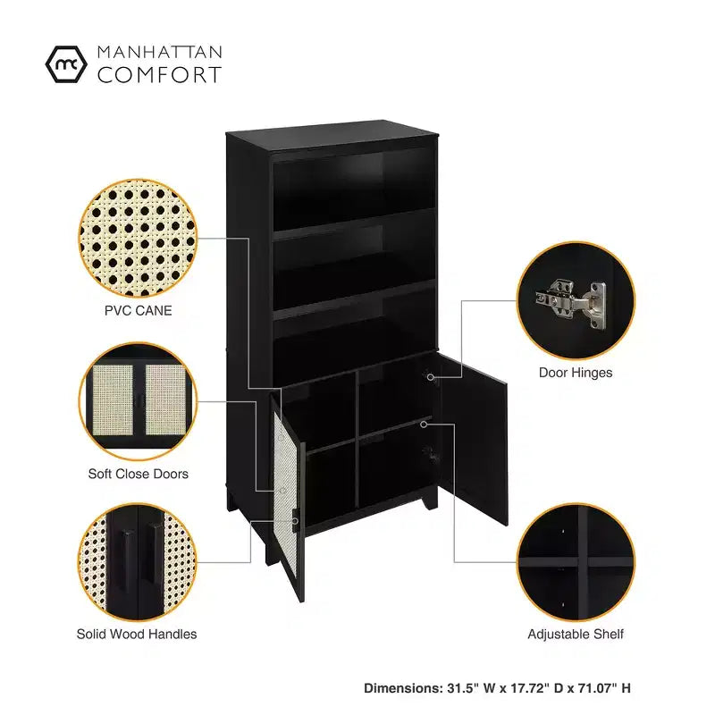 GDFStudio Lismore Modern Cane and Wood Bookcase with Soft Close Doors and Adjustable Shelves