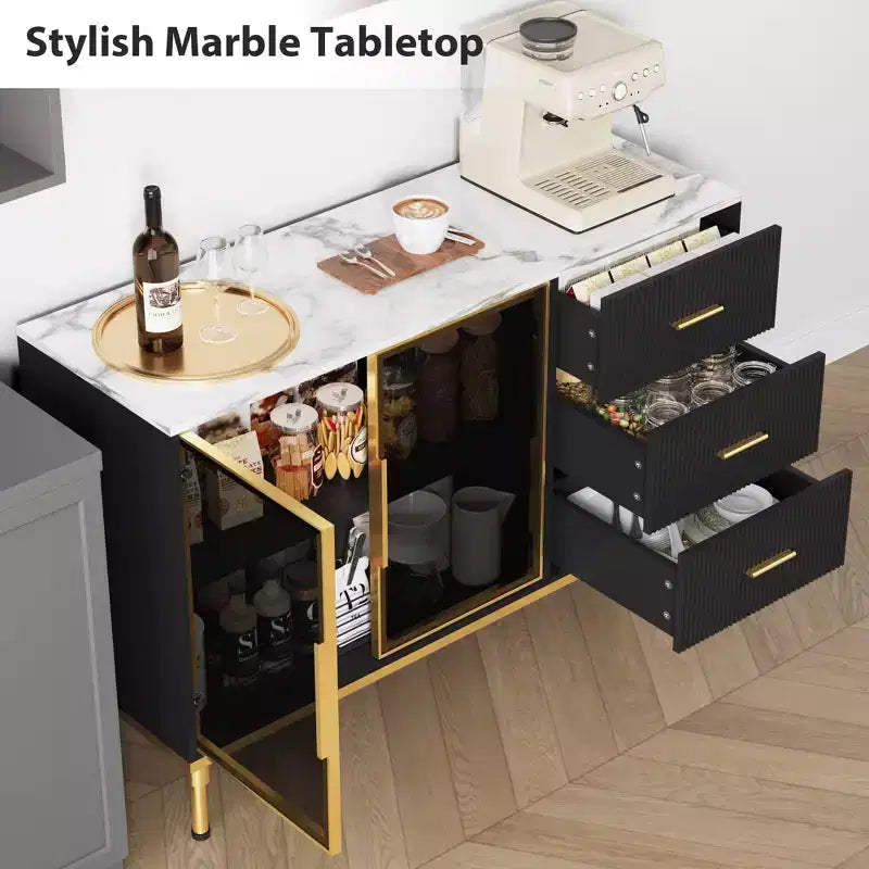 GustoWave 46,4 po Buffet de cuisine cannelé avec 2 portes vitrées, 3 tiroirs et étagères, plateau en faux marbre, noir