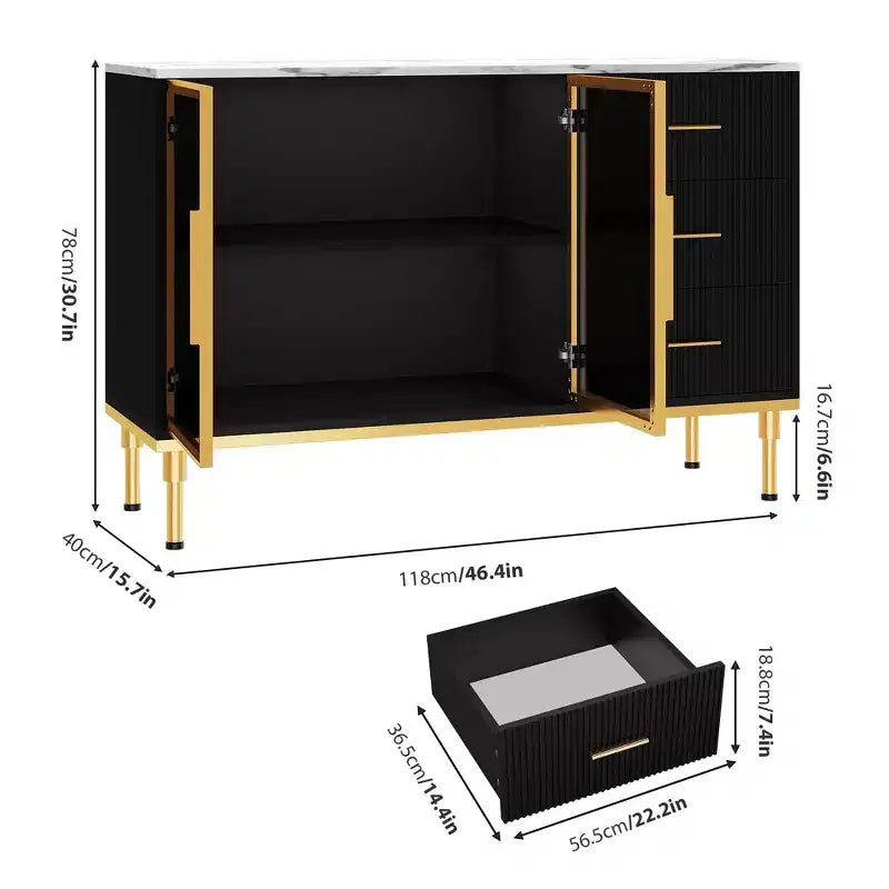 GustoWave 46.4 in Fluted Kitchen Sideboard Cabinet with 2 Glass Doors 3 Drawers and Shelves, Faux Marble Top Buffet Table, Black