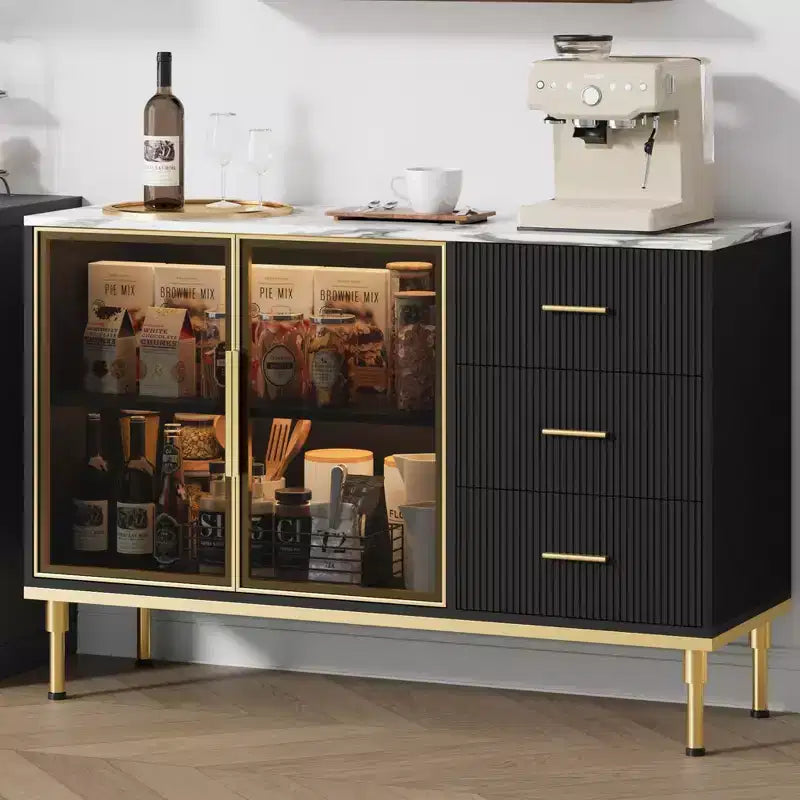 GustoWave 46.4 in Fluted Kitchen Sideboard Cabinet with 2 Glass Doors 3 Drawers and Shelves, Faux Marble Top Buffet Table, Black