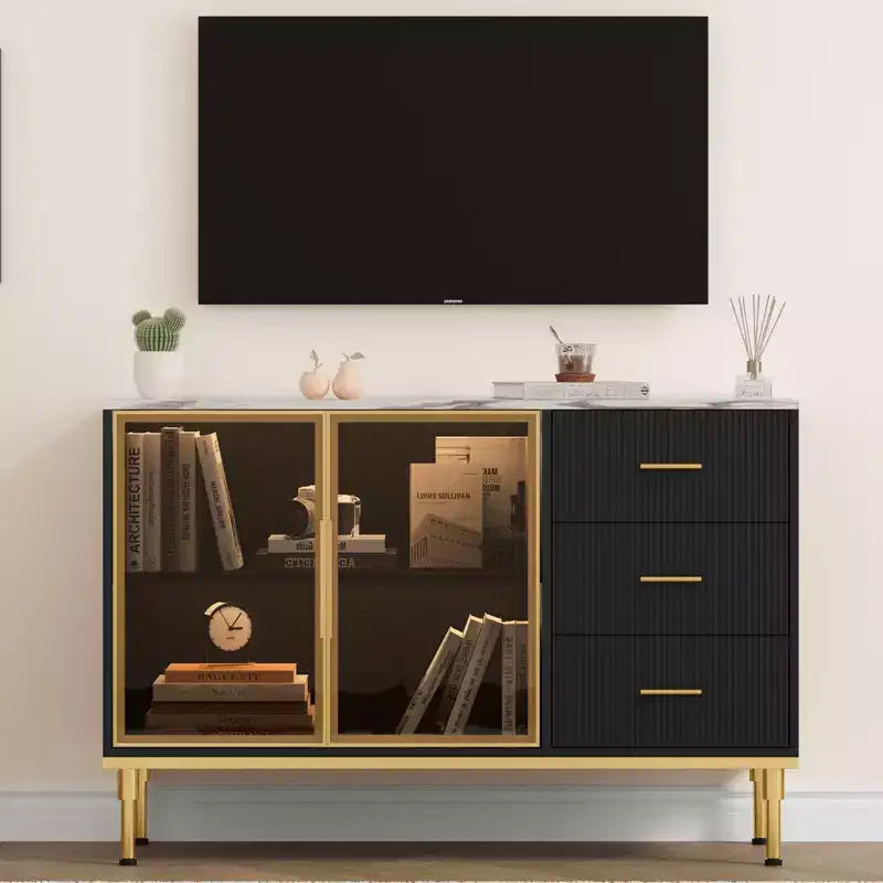 GustoWave 46,4 po Buffet de cuisine cannelé avec 2 portes vitrées, 3 tiroirs et étagères, plateau en faux marbre, noir