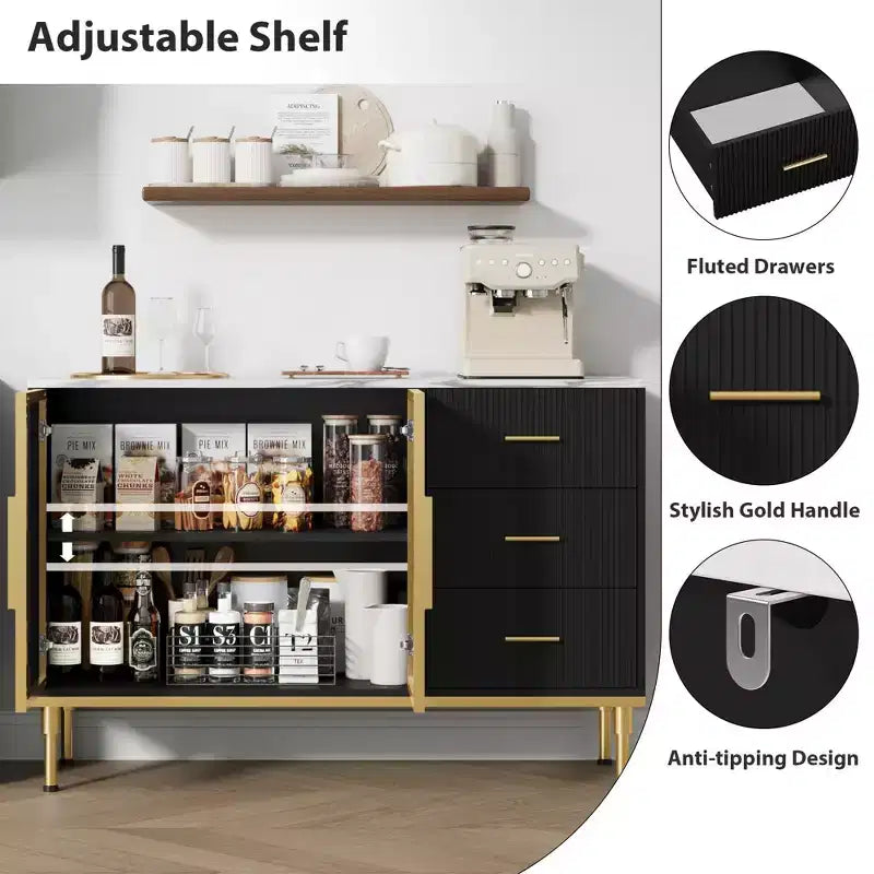 GustoWave 46,4 po Buffet de cuisine cannelé avec 2 portes vitrées, 3 tiroirs et étagères, plateau en faux marbre, noir