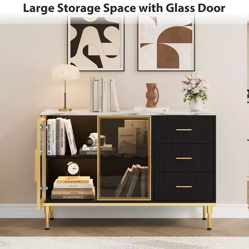 GustoWave 46,4 po Buffet de cuisine cannelé avec 2 portes vitrées, 3 tiroirs et étagères, plateau en faux marbre, noir