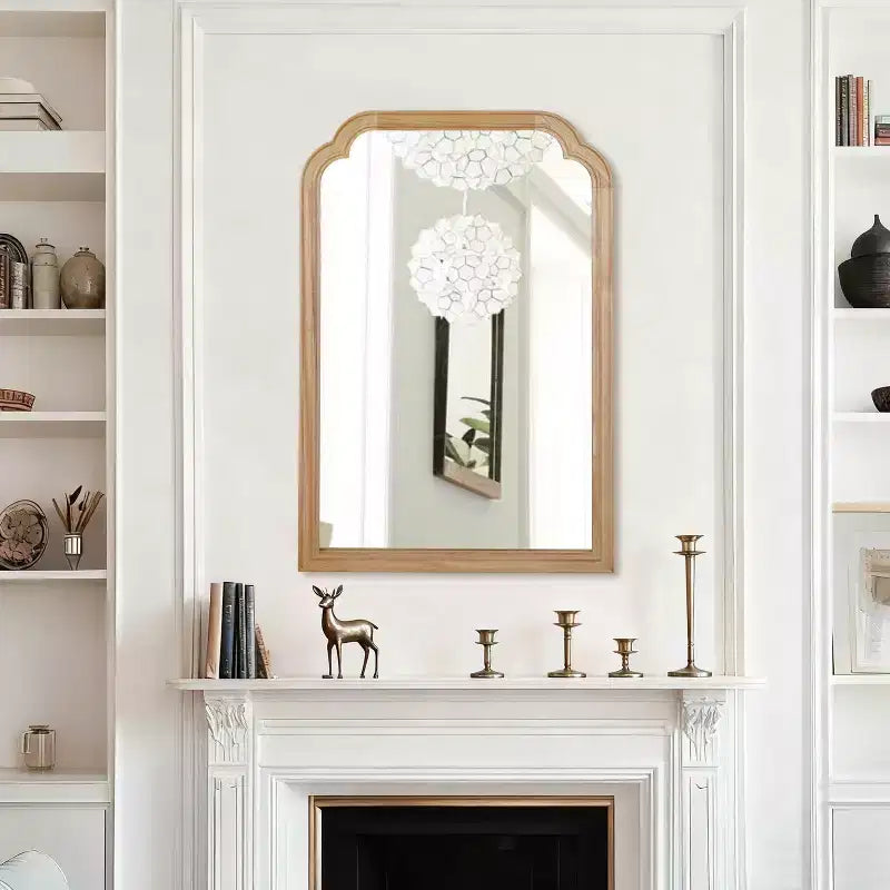 Natural Wood Color 24 x 36 Solid Wood Frame Rounded Corner Decorative Mirror, For Bedroom, Bathroom, Living Room, Entryway