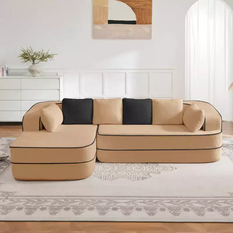 106 Teddy Fabric No Assembly 32D High Density sponge Boneless Sofa, Fluffy Comfy Couch with L-Shaped Chaise for Living Room