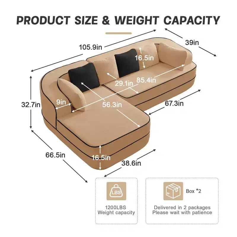 106 Teddy Fabric No Assembly 32D High Density sponge Boneless Sofa, Fluffy Comfy Couch with L-Shaped Chaise for Living Room