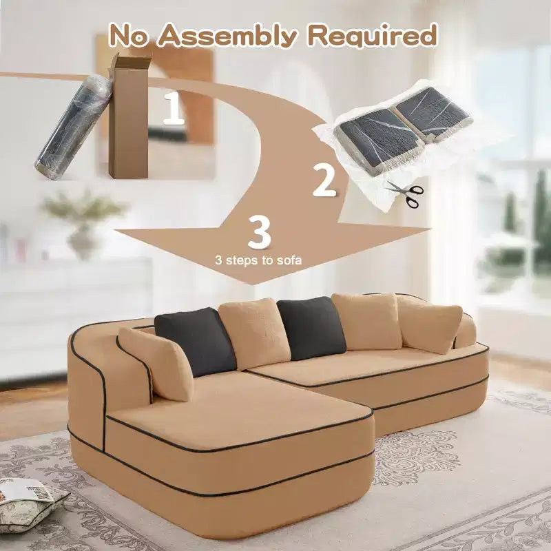 106 Teddy Fabric No Assembly 32D High Density sponge Boneless Sofa, Fluffy Comfy Couch with L-Shaped Chaise for Living Room