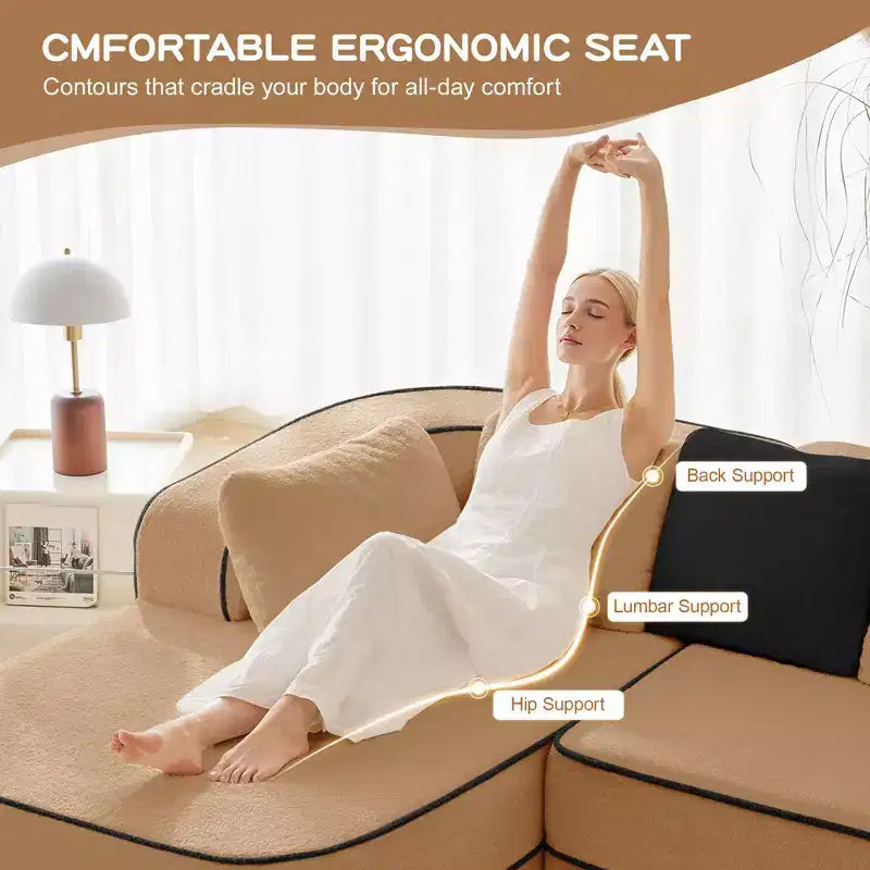 106 Teddy Fabric No Assembly 32D High Density sponge Boneless Sofa, Fluffy Comfy Couch with L-Shaped Chaise for Living Room