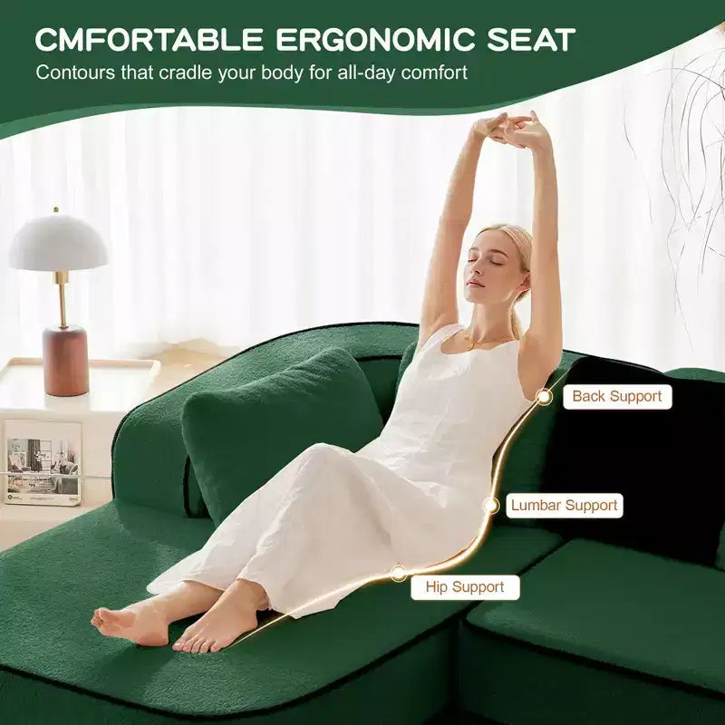 106 Teddy Fabric No Assembly 32D High Density sponge Boneless Sofa, Fluffy Comfy Couch with L-Shaped Chaise for Living Room