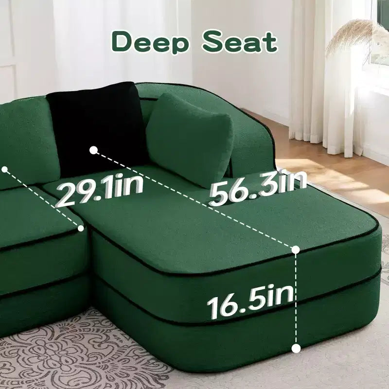 106 Teddy Fabric No Assembly 32D High Density sponge Boneless Sofa, Fluffy Comfy Couch with L-Shaped Chaise for Living Room