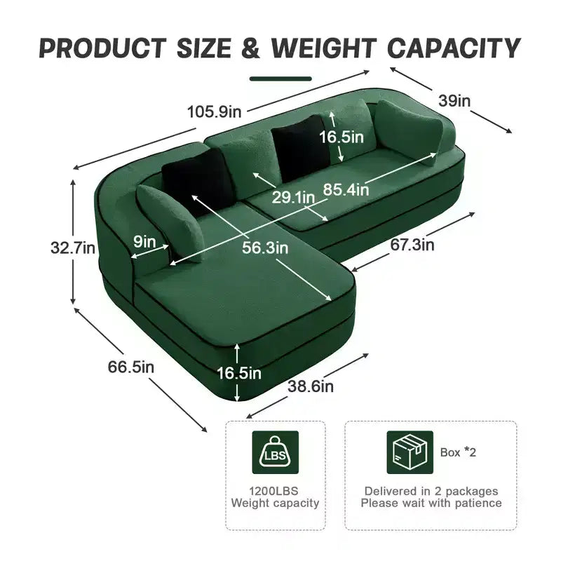 106 Teddy Fabric No Assembly 32D High Density sponge Boneless Sofa, Fluffy Comfy Couch with L-Shaped Chaise for Living Room