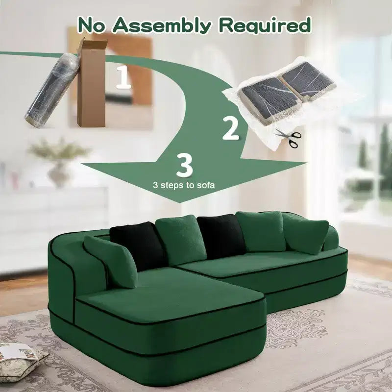106 Teddy Fabric No Assembly 32D High Density sponge Boneless Sofa, Fluffy Comfy Couch with L-Shaped Chaise for Living Room