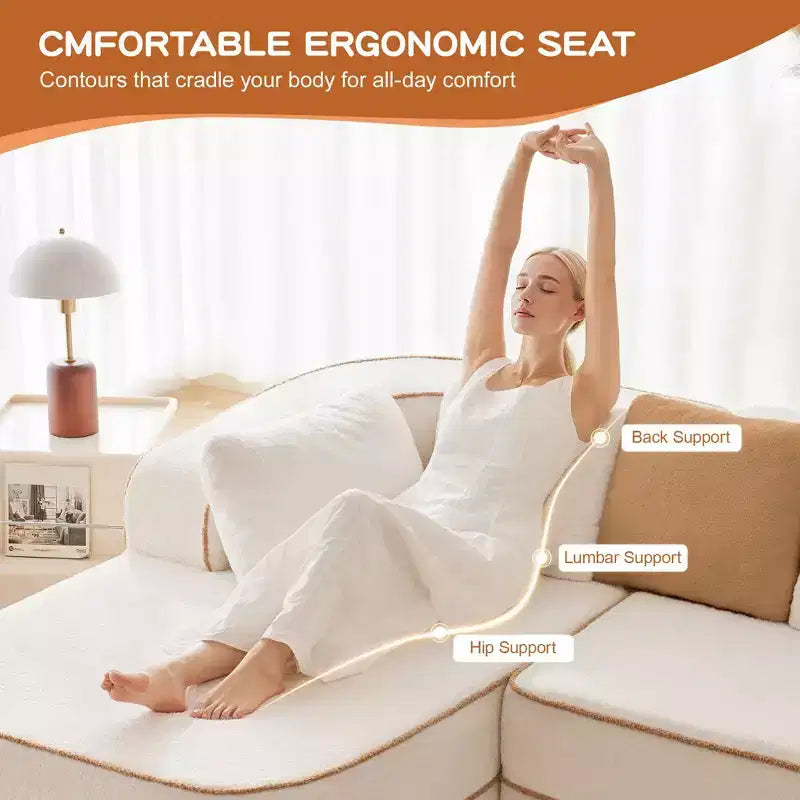 106 Teddy Fabric No Assembly 32D High Density sponge Boneless Sofa, Fluffy Comfy Couch with L-Shaped Chaise for Living Room