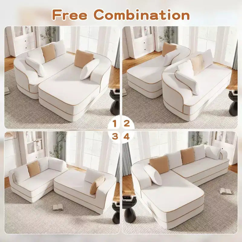106 Teddy Fabric No Assembly 32D High Density sponge Boneless Sofa, Fluffy Comfy Couch with L-Shaped Chaise for Living Room