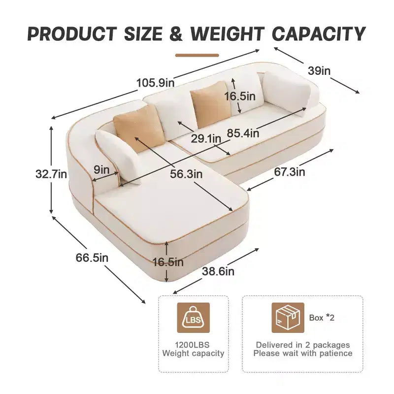 106 Teddy Fabric No Assembly 32D High Density sponge Boneless Sofa, Fluffy Comfy Couch with L-Shaped Chaise for Living Room