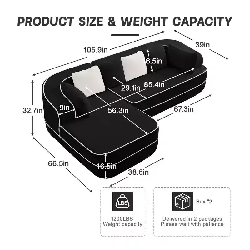 106 Teddy Fabric No Assembly 32D High Density sponge Boneless Sofa, Fluffy Comfy Couch with L-Shaped Chaise for Living Room