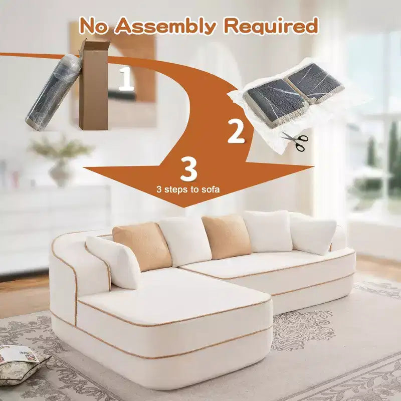 106 Teddy Fabric No Assembly 32D High Density sponge Boneless Sofa, Fluffy Comfy Couch with L-Shaped Chaise for Living Room