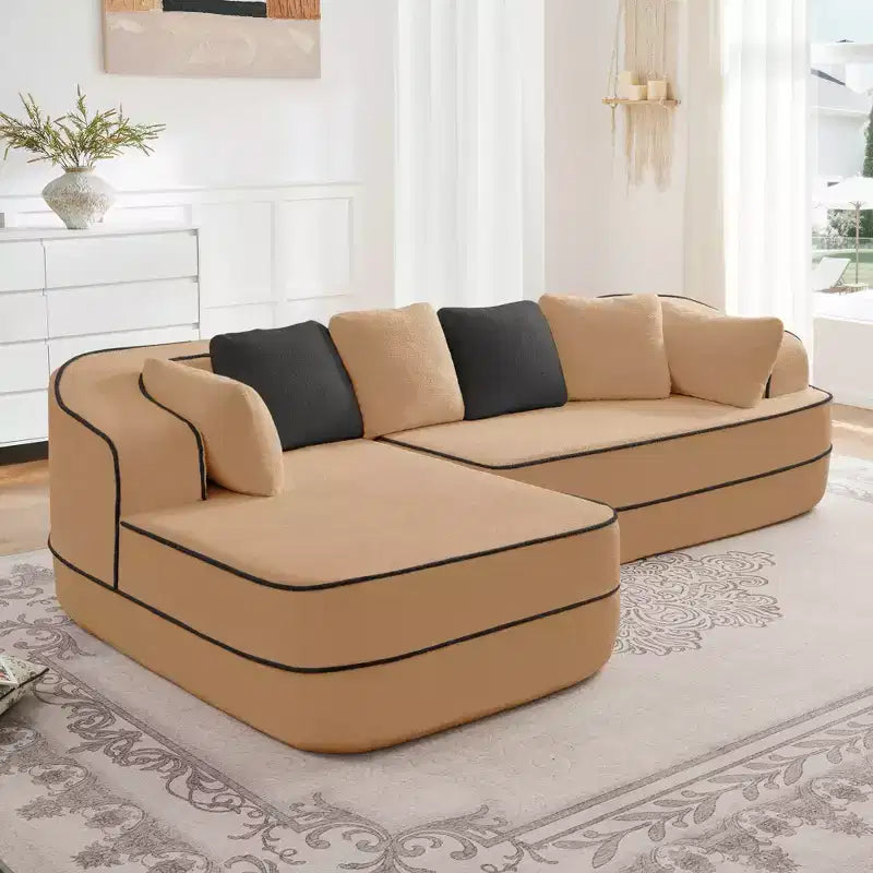 106 Teddy Fabric No Assembly 32D High Density sponge Boneless Sofa, Fluffy Comfy Couch with L-Shaped Chaise for Living Room