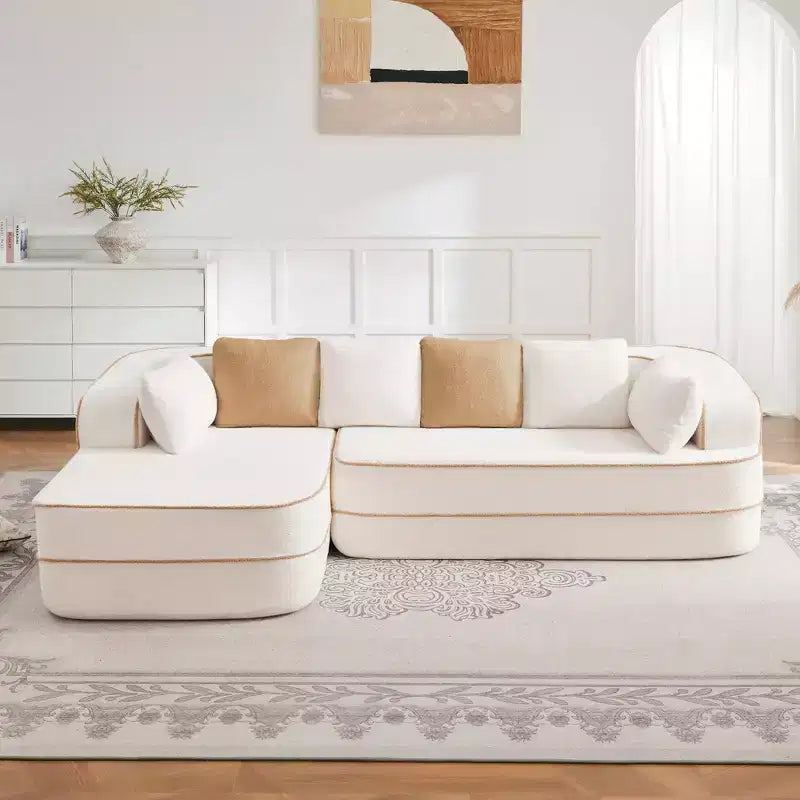 106 Teddy Fabric No Assembly 32D High Density sponge Boneless Sofa, Fluffy Comfy Couch with L-Shaped Chaise for Living Room