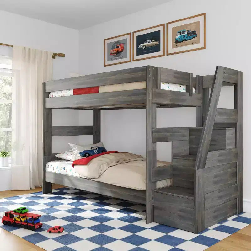 Modern Farmhouse Twin Over Twin Bunk Bed With Staircase