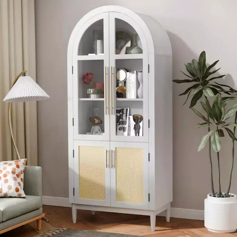 MAYEERTY 71 Tall Arched Storage Cabinet Glass Doors Solid Wood Legs White