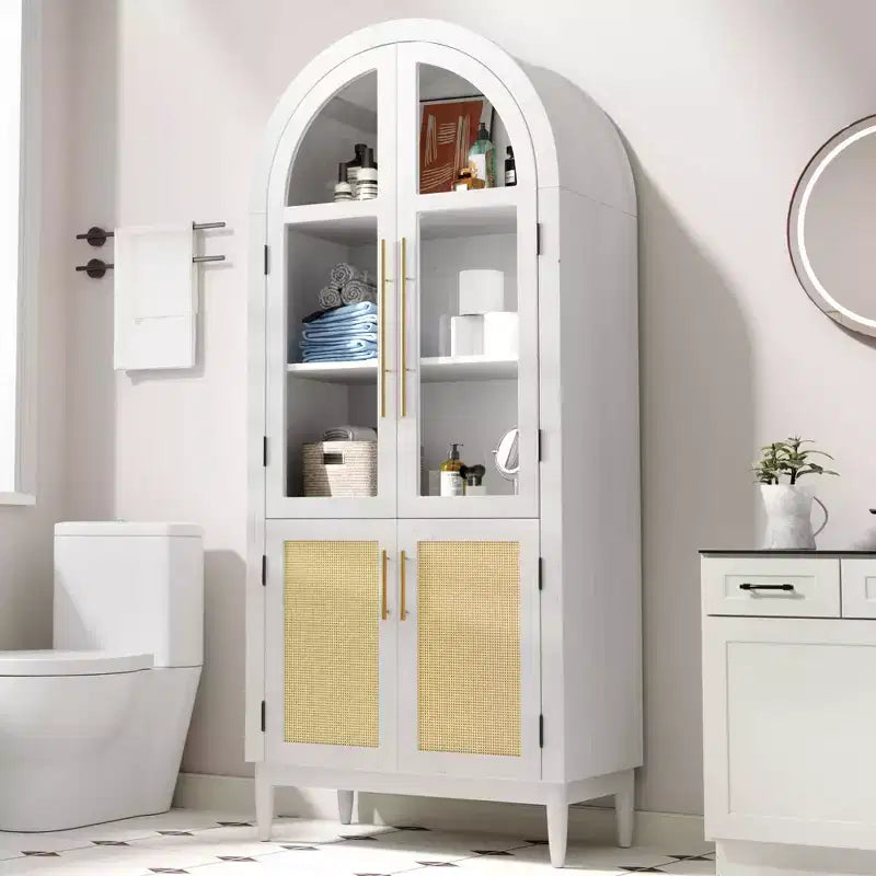 MAYEERTY 71 Tall Arched Storage Cabinet Glass Doors Solid Wood Legs White
