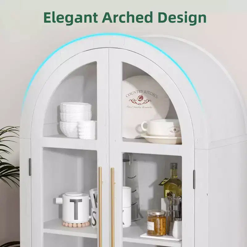 MAYEERTY 71 Tall Arched Storage Cabinet Glass Doors Solid Wood Legs White