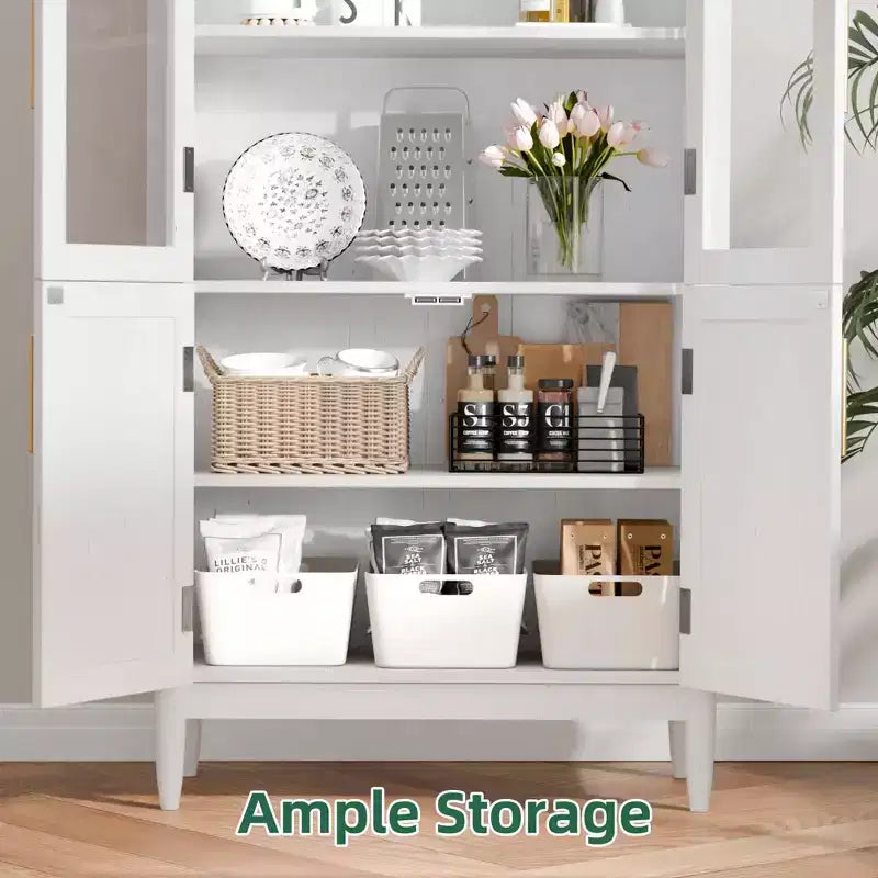 MAYEERTY 71 Tall Arched Storage Cabinet Glass Doors Solid Wood Legs White