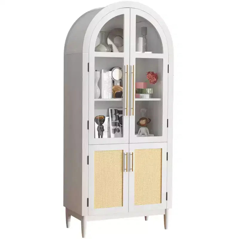 MAYEERTY 71 Tall Arched Storage Cabinet Glass Doors Solid Wood Legs White