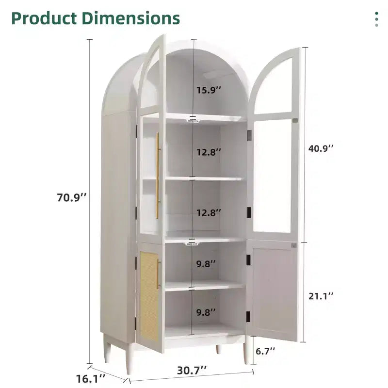 MAYEERTY 71 Tall Arched Storage Cabinet Glass Doors Solid Wood Legs White