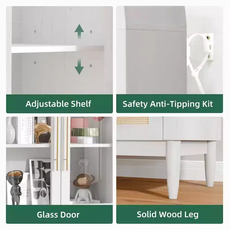 MAYEERTY 71 Tall Arched Storage Cabinet Glass Doors Solid Wood Legs White