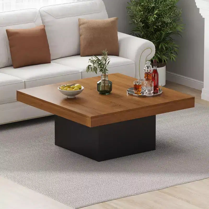 35 Inch Square Coffee Table, Farmhouse Wood Small Living Room Table with Leg Lights for Parlor, Home Office, Apartment, Reading Room, Easy Assembly