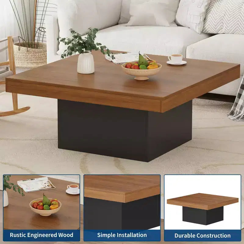 35 Inch Square Coffee Table, Farmhouse Wood Small Living Room Table with Leg Lights for Parlor, Home Office, Apartment, Reading Room, Easy Assembly
