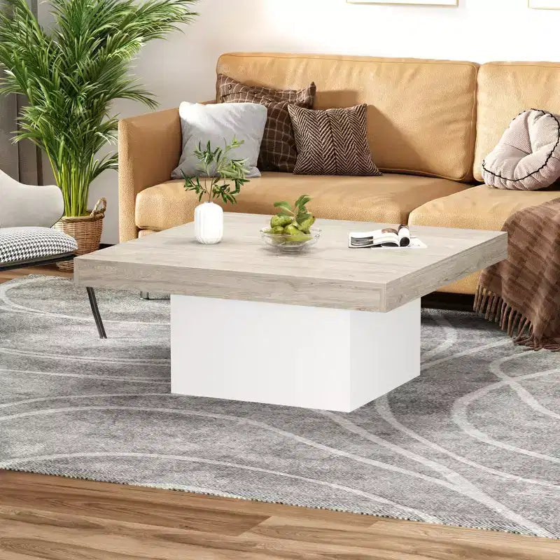 35 Inch Square Coffee Table, Farmhouse Wood Small Living Room Table with Leg Lights for Parlor, Home Office, Apartment, Reading Room, Easy Assembly