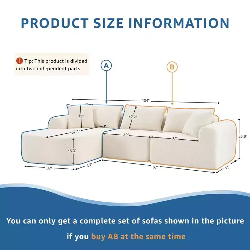 PexFix 104 Oversized Modular Sectional Sofa with L-Shape Chaise Modern Upholstered Cloud Couches with Throw Pillows for Living Room Bedroom Beige
