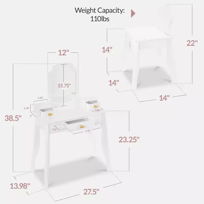Best Choice Kids Wooden Pretend Play Vanity and Chair Set w/ Mirror  Little Girls Makeup Table with 3 Drawers