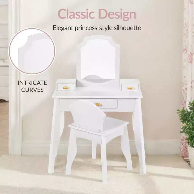 Best Choice Kids Wooden Pretend Play Vanity and Chair Set w/ Mirror  Little Girls Makeup Table with 3 Drawers