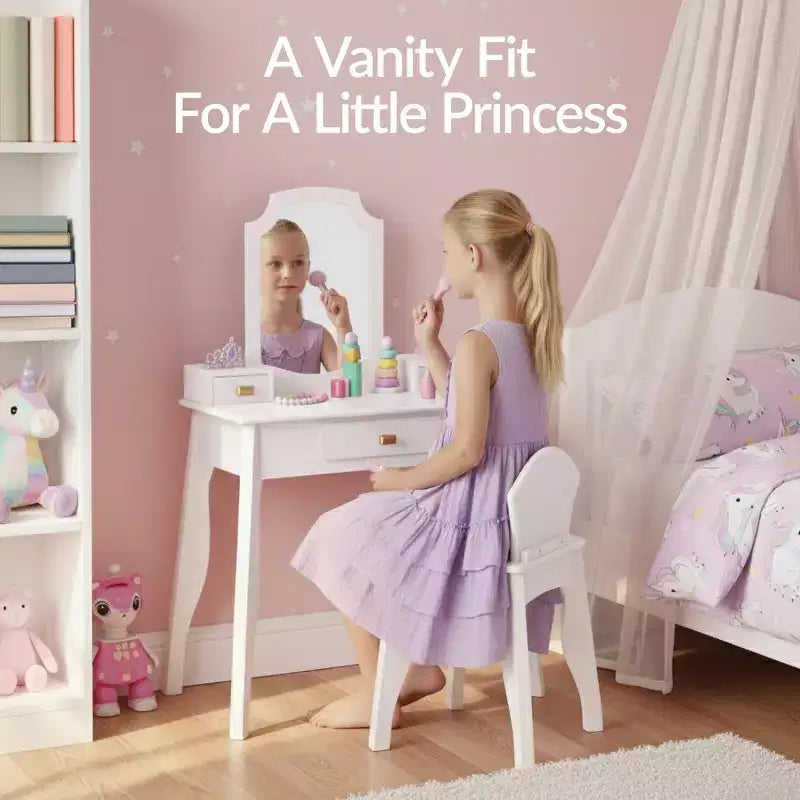 Best Choice Kids Wooden Pretend Play Vanity and Chair Set w/ Mirror  Little Girls Makeup Table with 3 Drawers