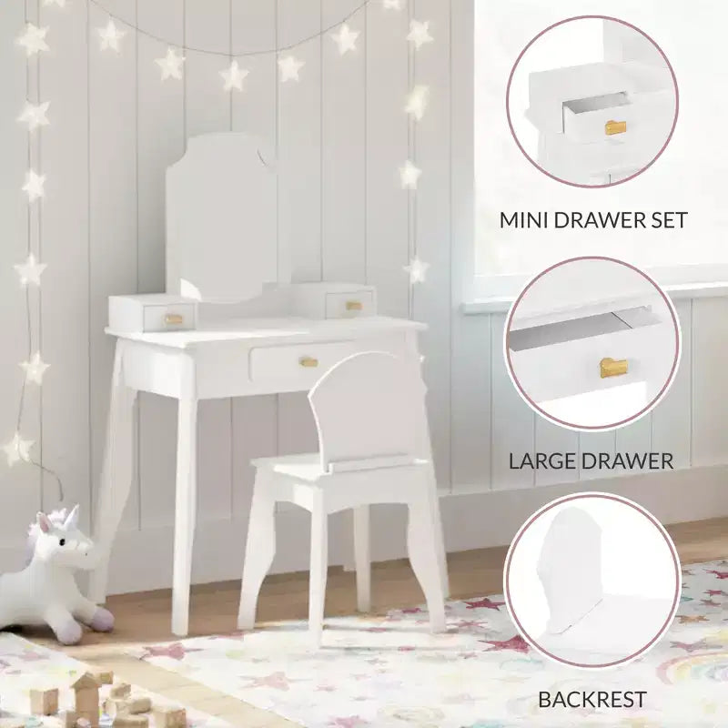 Best Choice Kids Wooden Pretend Play Vanity and Chair Set w/ Mirror  Little Girls Makeup Table with 3 Drawers