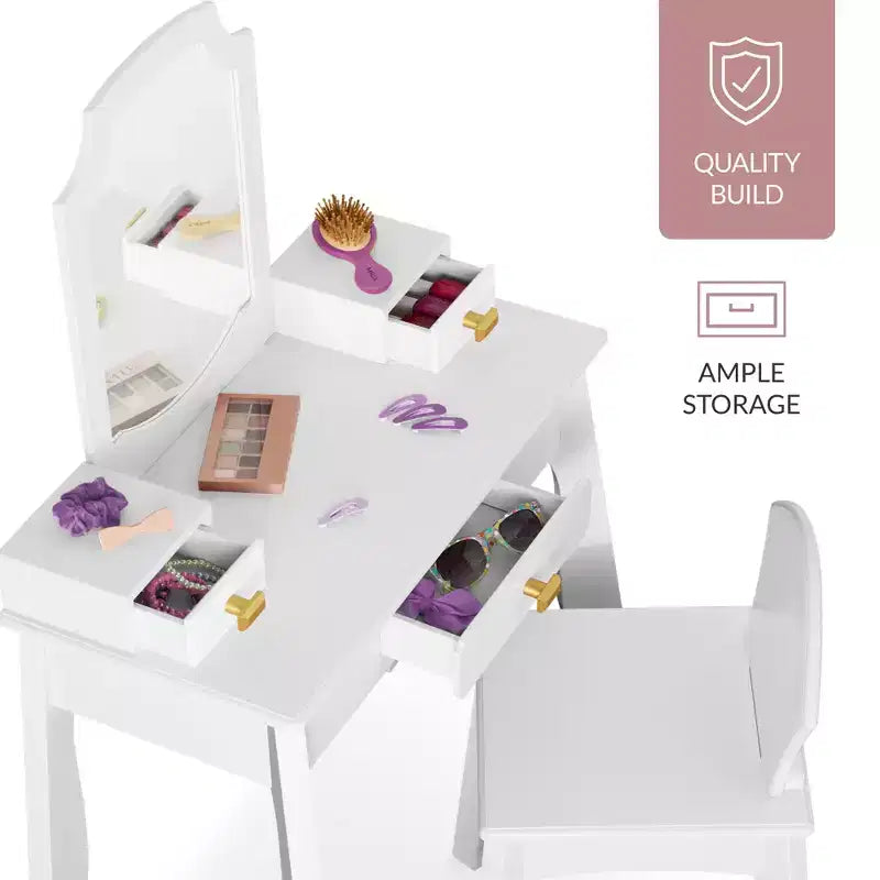 Best Choice Kids Wooden Pretend Play Vanity and Chair Set w/ Mirror  Little Girls Makeup Table with 3 Drawers