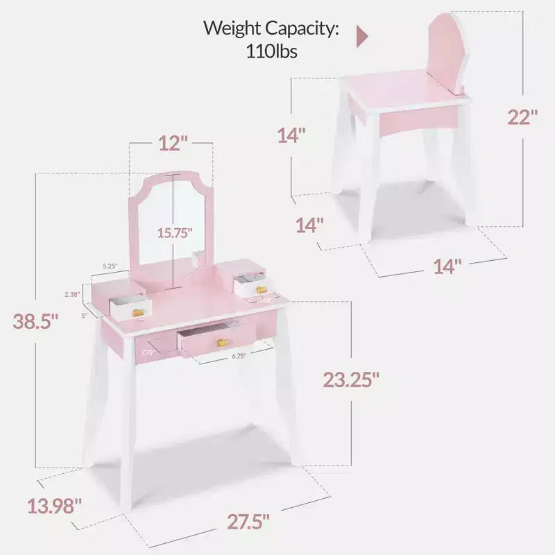 Best Choice Kids Wooden Pretend Play Vanity and Chair Set w/ Mirror  Little Girls Makeup Table with 3 Drawers