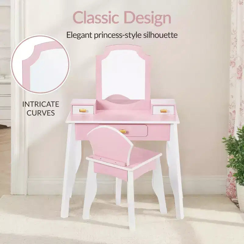 Best Choice Kids Wooden Pretend Play Vanity and Chair Set w/ Mirror  Little Girls Makeup Table with 3 Drawers