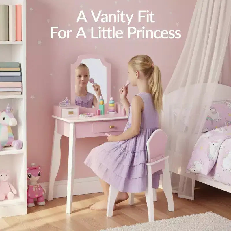 Best Choice Kids Wooden Pretend Play Vanity and Chair Set w/ Mirror  Little Girls Makeup Table with 3 Drawers