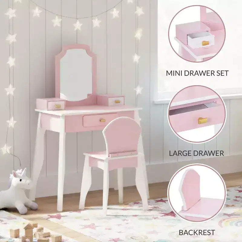 Best Choice Kids Wooden Pretend Play Vanity and Chair Set w/ Mirror  Little Girls Makeup Table with 3 Drawers
