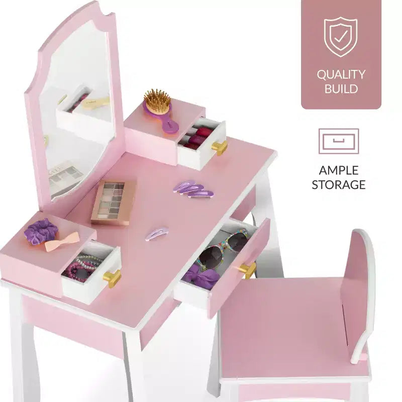 Best Choice Kids Wooden Pretend Play Vanity and Chair Set w/ Mirror  Little Girls Makeup Table with 3 Drawers